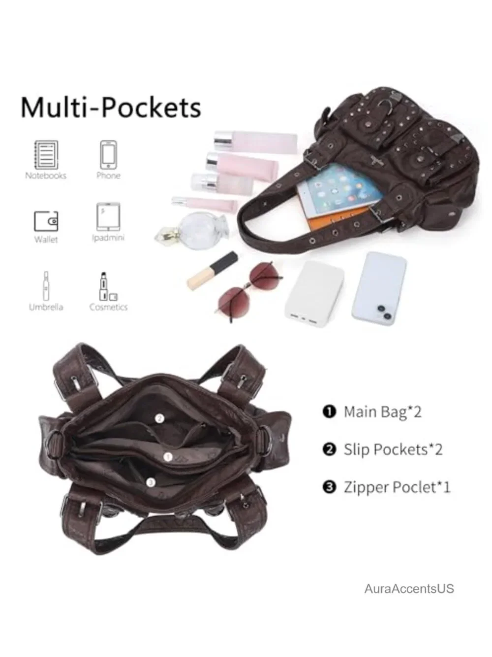 Vegan Leather Hobo Bag Multi Pocket Studded Shoulder Bag Y2K Tote